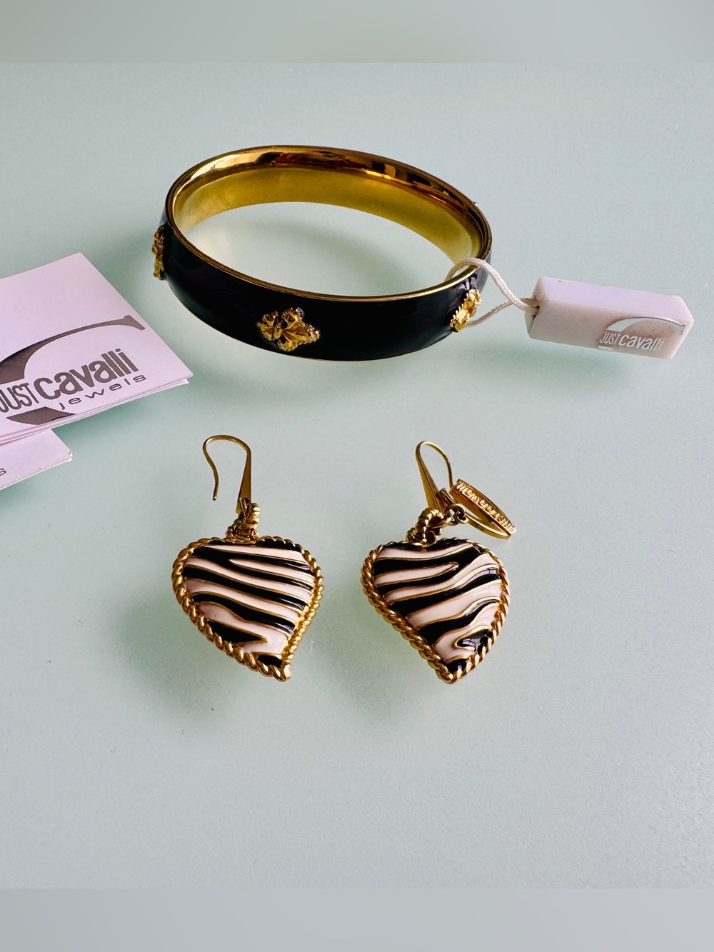 Vintage Y2K Just Cavalli Zebra Hearts Earrings & Fleur-de-Lis Bangle Set
